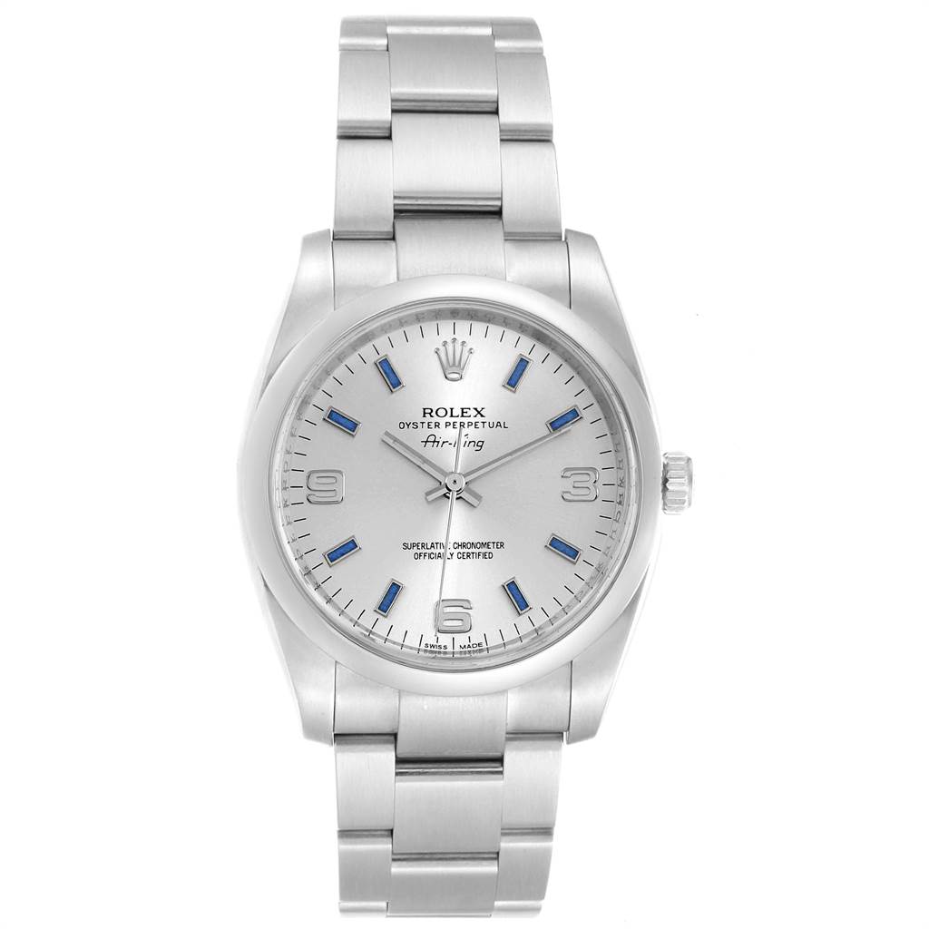 This image shows a front view of a Rolex Air-King 114200 Men's Stainless Steel Silver Dial 114200 Men's Stainless Steel Silver Dial watch, displaying its full face and stainless steel bracelet.