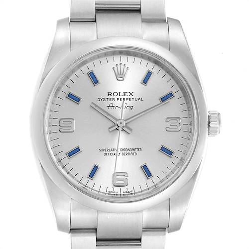 Photo of Rolex Air King 34 Silver Dial Blue Baton Hour Markers Steel Watch 114200