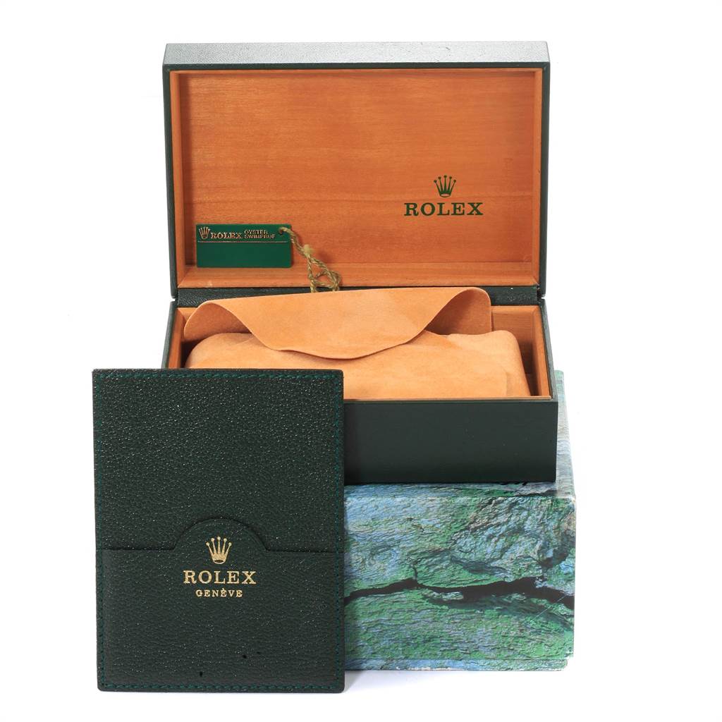 The image shows the packaging and box for a Rolex Air-King 14010 Men's Stainless Steel Silver Dial 14010 Men's Stainless Steel Silver Dial watch, with an open wooden interior case and a green outer case.