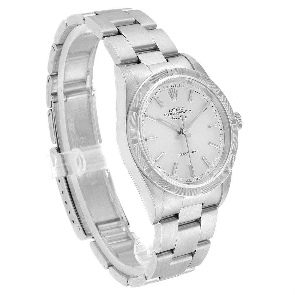 The Rolex Air-King 14010 Men's Stainless Steel Silver Dial 14010 Men's Stainless Steel Silver Dial watch is shown at an angle highlighting the face, bracelet, and clasp.