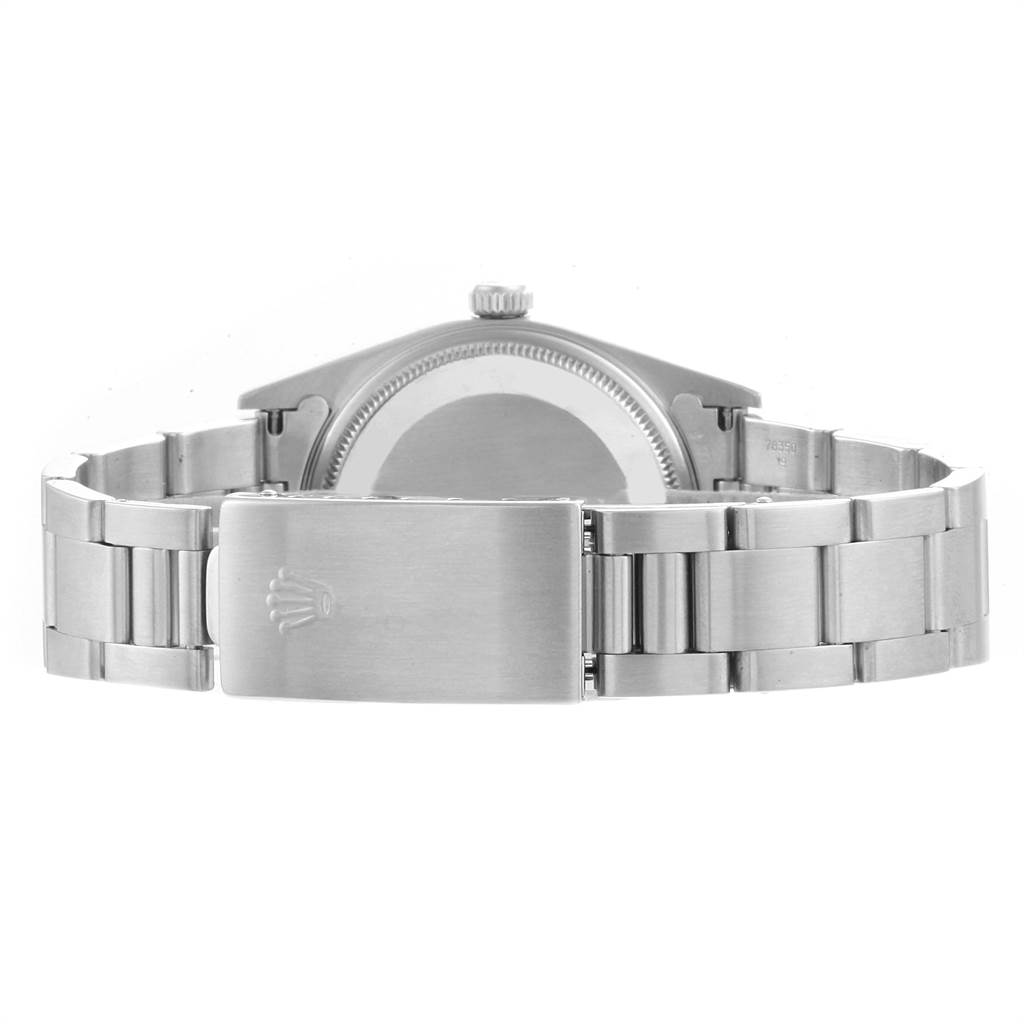 This image shows the backside and clasp of a Rolex Air-King 14010 Men's Stainless Steel Silver Dial 14010 Men's Stainless Steel Silver Dial watch from a rear angle.