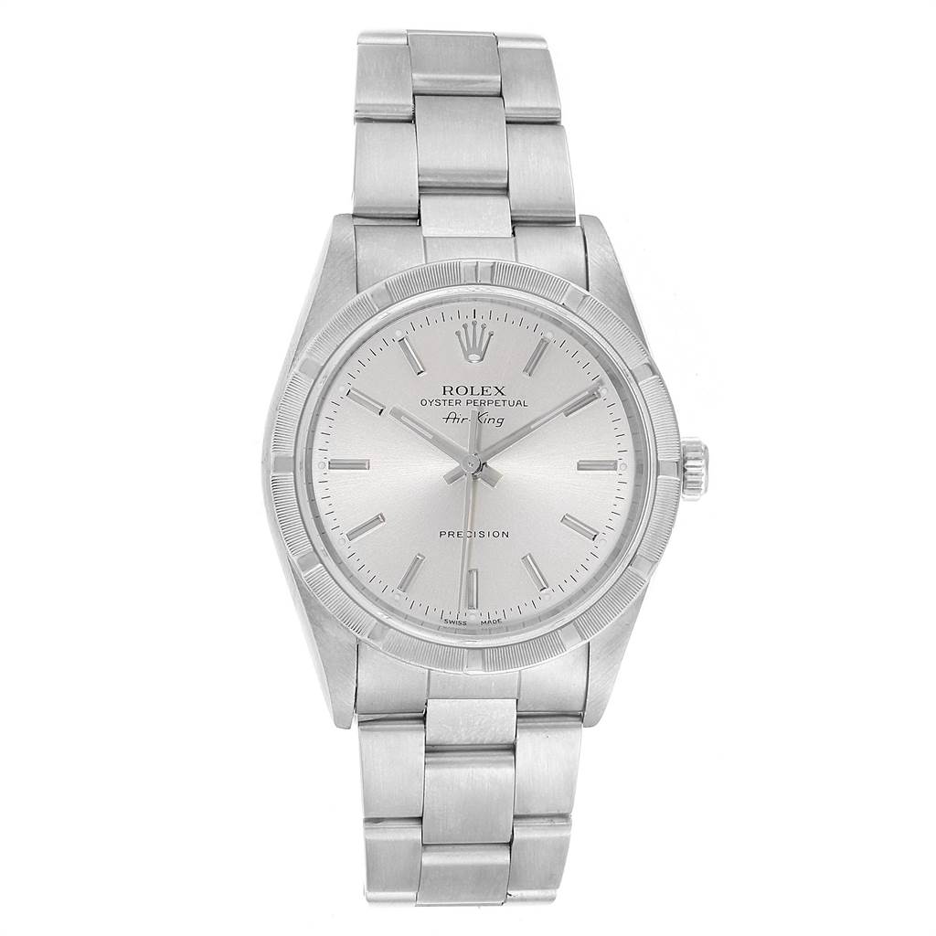 The image shows a front view of the Rolex Air-King 14010 Men's Stainless Steel Silver Dial 14010 Men's Stainless Steel Silver Dial watch, including the face, bezel, and bracelet.