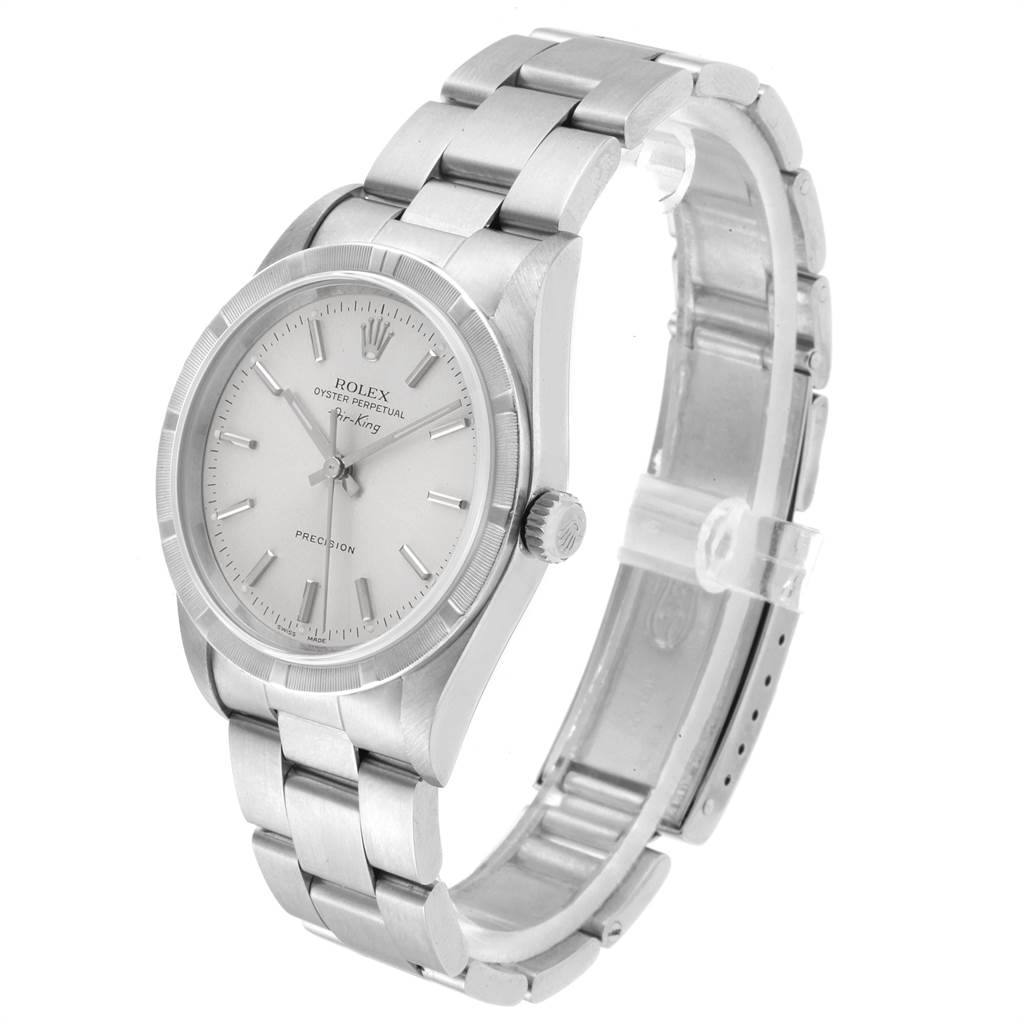 The image shows a Rolex Air-King 14010 Men's Stainless Steel Silver Dial 14010 Men's Stainless Steel Silver Dial watch from a three-quarter angle, displaying the face, bezel, crown, and metal bracelet.