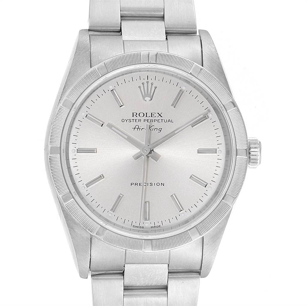 The image shows a front view of a Rolex Air-King 14010 Men's Stainless Steel Silver Dial 14010 Men's Stainless Steel Silver Dial watch, displaying the dial, bezel, crown, and part of the bracelet.