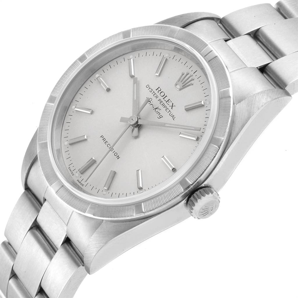 The image shows a Rolex Air-King 14010 Men's Stainless Steel Silver Dial 14010 Men's Stainless Steel Silver Dial watch angled to display the face, bezel, crown, and part of the bracelet.