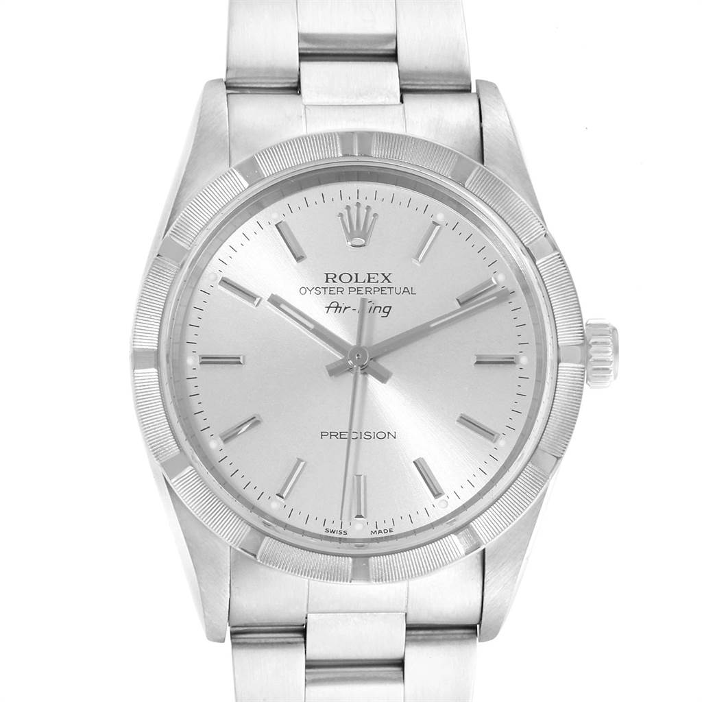 The image shows a front view of the Rolex Air-King 14010 Men's Stainless Steel Silver Dial 14010 Men's Stainless Steel Silver Dial watch, focusing on its face, bezel, and bracelet.