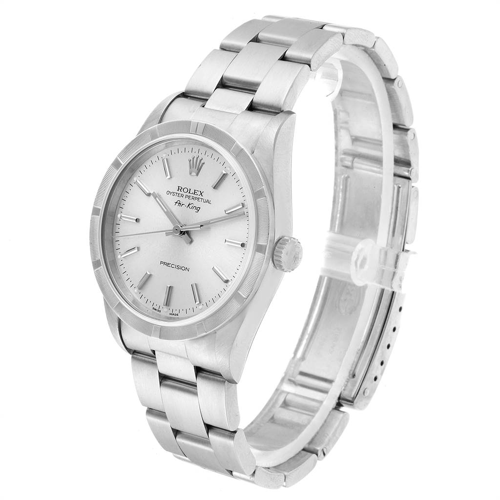 The image shows a side-angle view of the Rolex Air-King 14010 Men's Stainless Steel Silver Dial 14010 Men's Stainless Steel Silver Dial watch with its face, crown, and bracelet clearly visible.