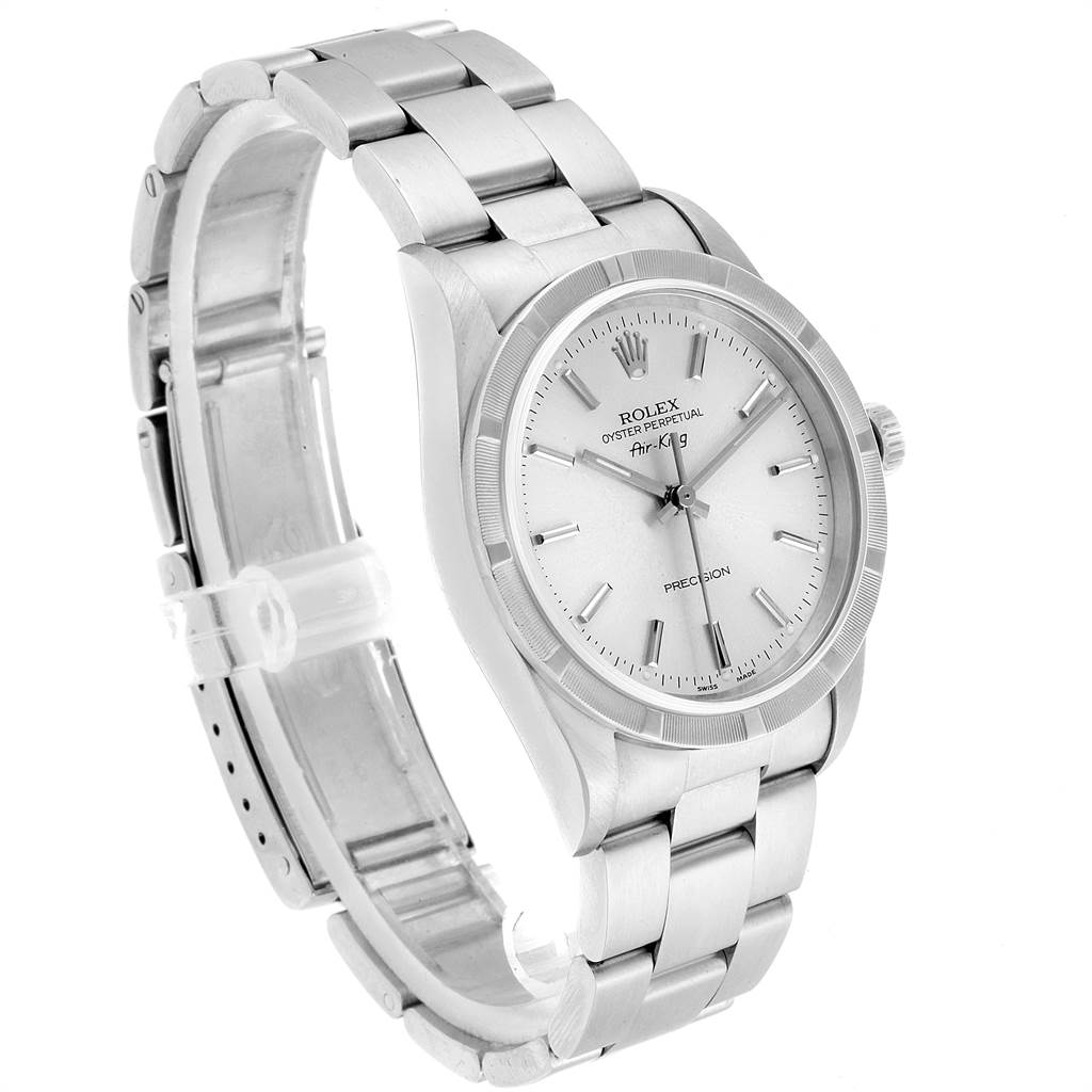 The image shows an angled view of a Rolex Air-King 14010 Men's Stainless Steel Silver Dial 14010 Men's Stainless Steel Silver Dial watch, highlighting its face, bezel, and bracelet.