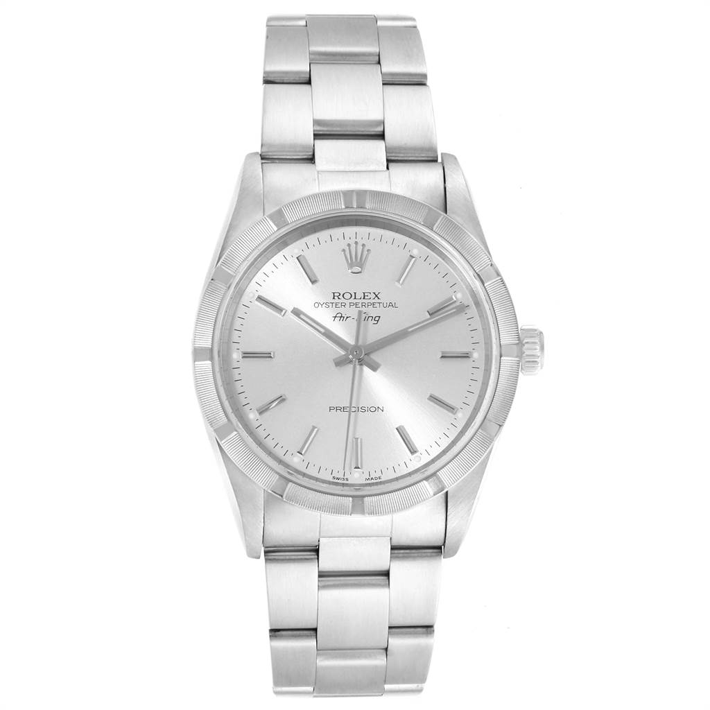 The image shows a front view of the Rolex Air-King 14010 Men's Stainless Steel Silver Dial 14010 Men's Stainless Steel Silver Dial watch, displaying the face, bezel, and bracelet.