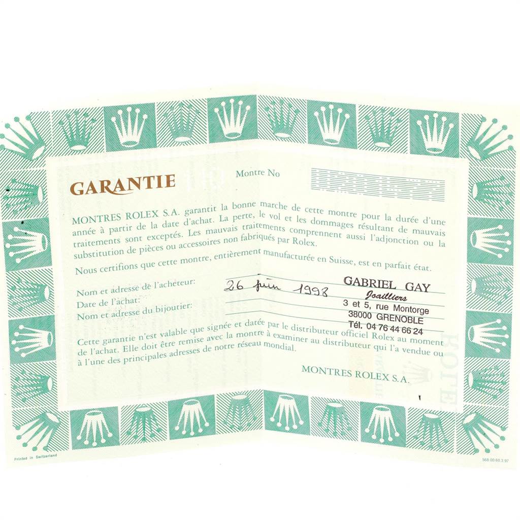 This image shows a green-bordered warranty card for a Rolex Air-King 14010 Men's Stainless Steel Silver Dial 14010 Men's Stainless Steel Silver Dial watch.