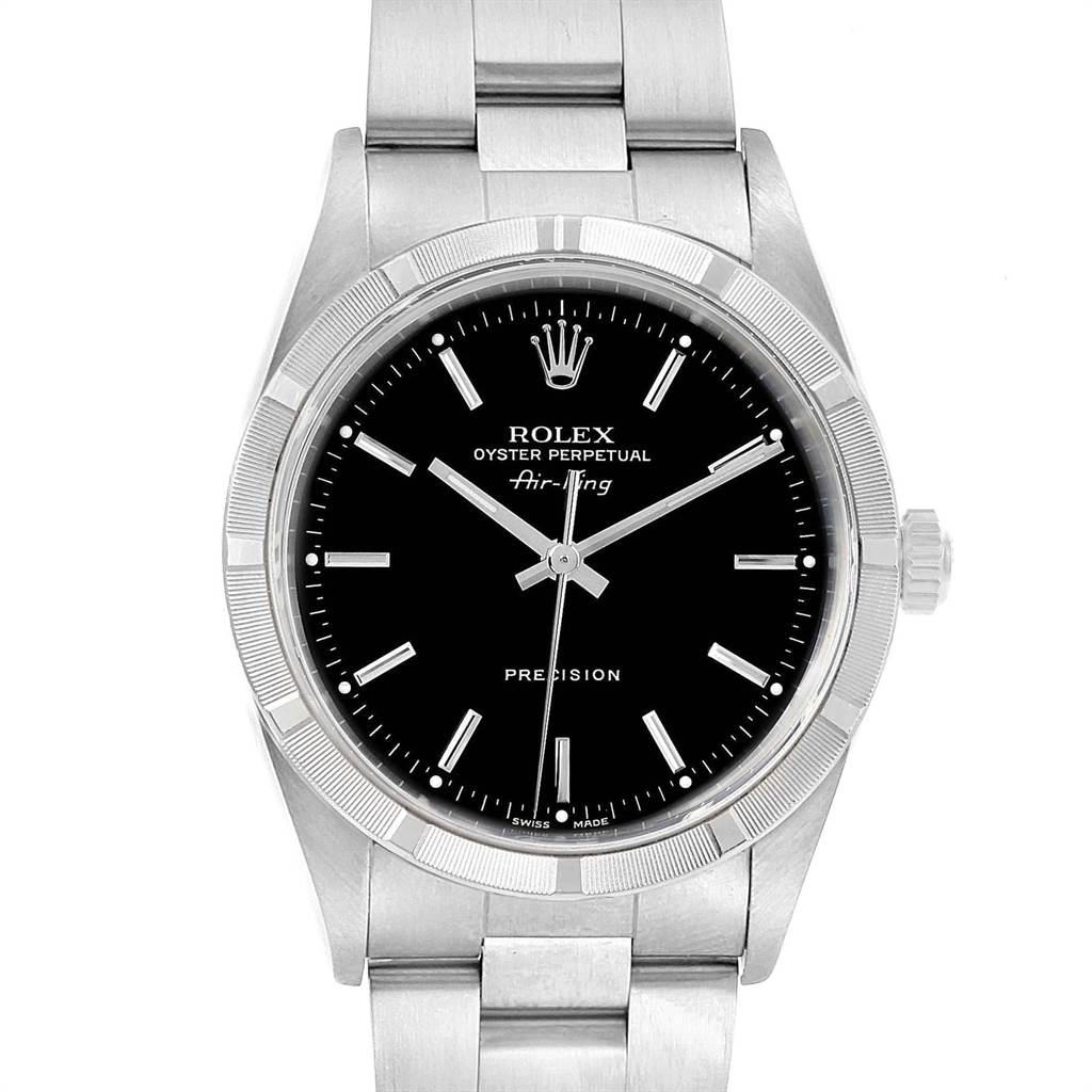The image shows a frontal view of a Rolex Air-King 14010 Men's Stainless Steel Black Dial 14010 Men's Stainless Steel Black Dial watch, displaying the dial, case, bezel, and part of the bracelet.