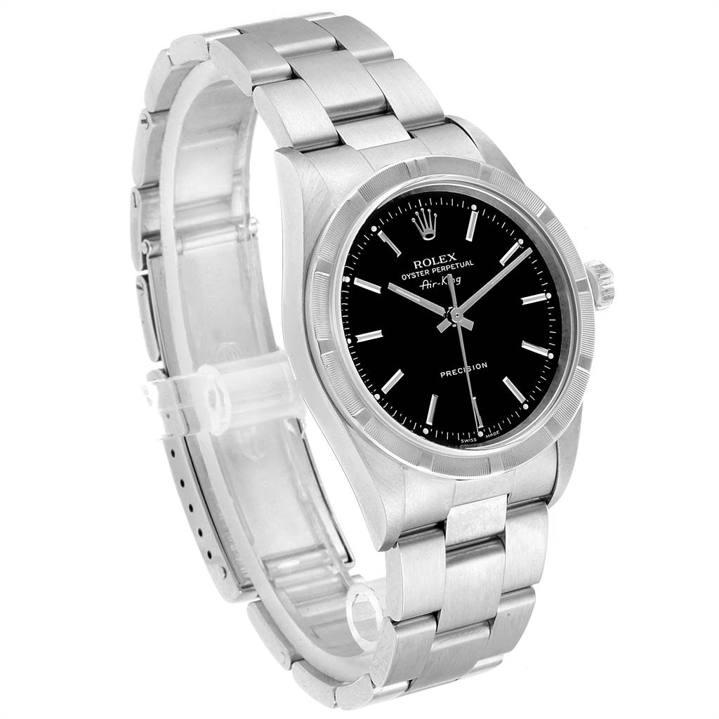 The image shows a side view of a Rolex Air-King 14010 Men's Stainless Steel Black Dial 14010 Men's Stainless Steel Black Dial watch, highlighting its black dial, stainless steel case, and bracelet.