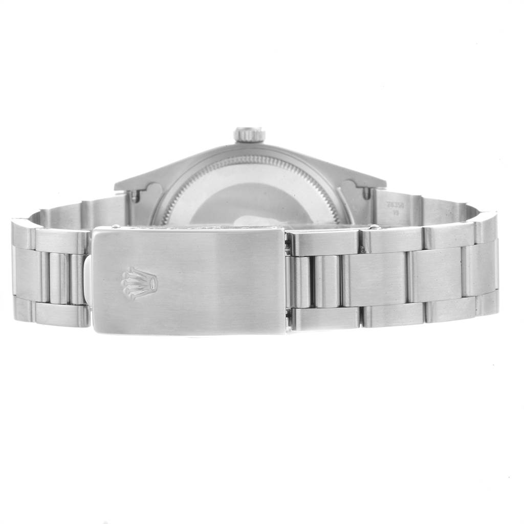 This image shows the rear view of a Rolex Air-King 14010 Men's Stainless Steel Black Dial 14010 Men's Stainless Steel Black Dial watch, focusing on the clasp and part of the bracelet.