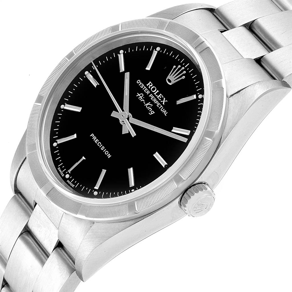 The image shows a side angle of a Rolex Air-King 14010 Men's Stainless Steel Black Dial 14010 Men's Stainless Steel Black Dial watch, highlighting the face, bezel, crown, and part of the bracelet.