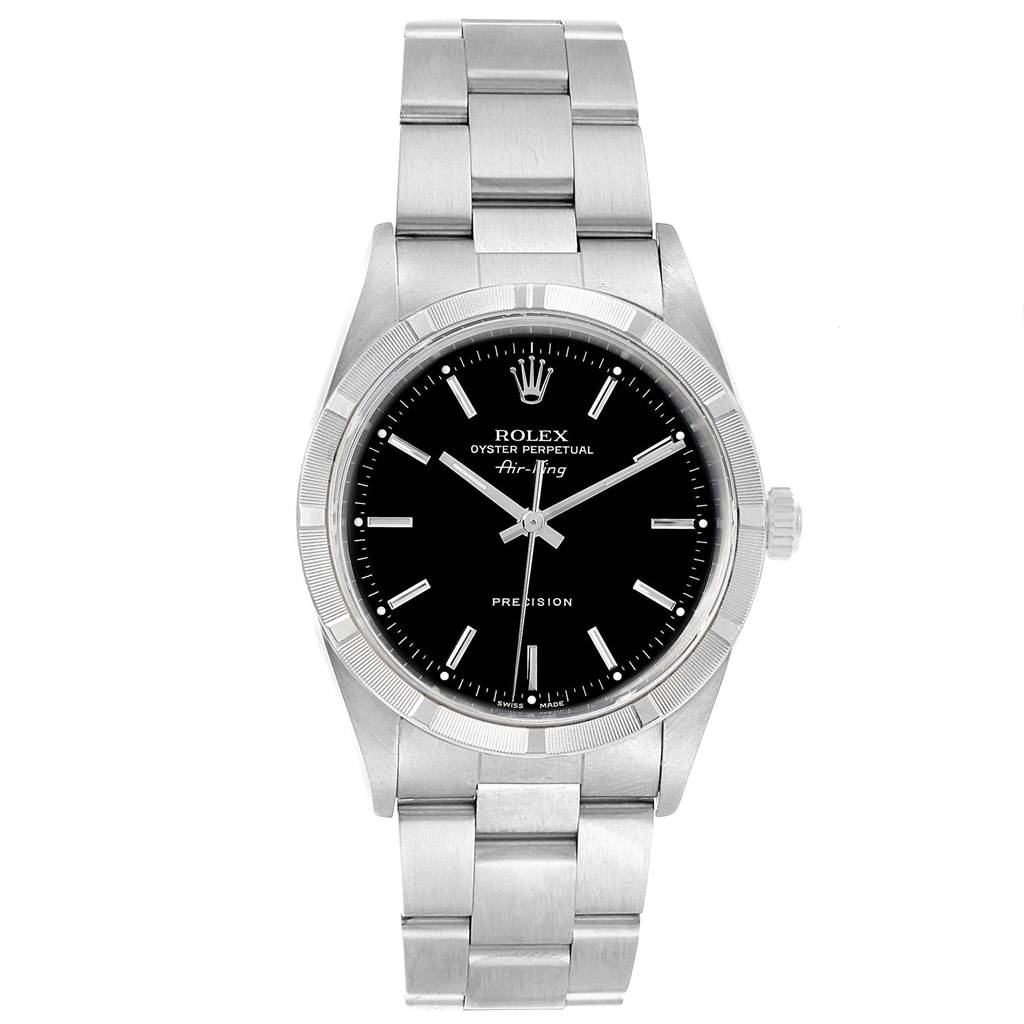 The image shows a frontal view of the Rolex Air-King 14010 Men's Stainless Steel Black Dial 14010 Men's Stainless Steel Black Dial watch, displaying the dial, bezel, crown, and bracelet.