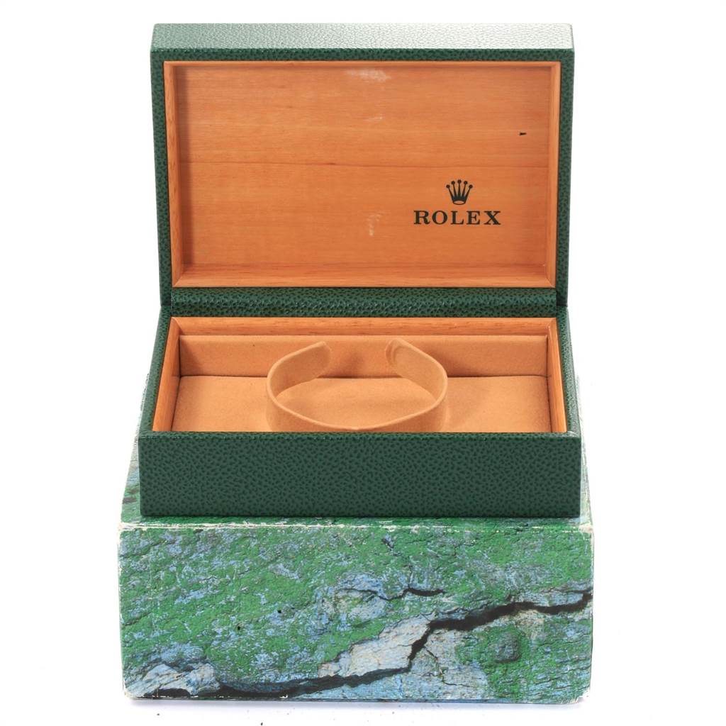 This image shows an empty Rolex Air-King 14010 Men's Stainless Steel Black Dial 14010 Men's Stainless Steel Black Dial watch box, including the inner cushion and outer box from a front view.