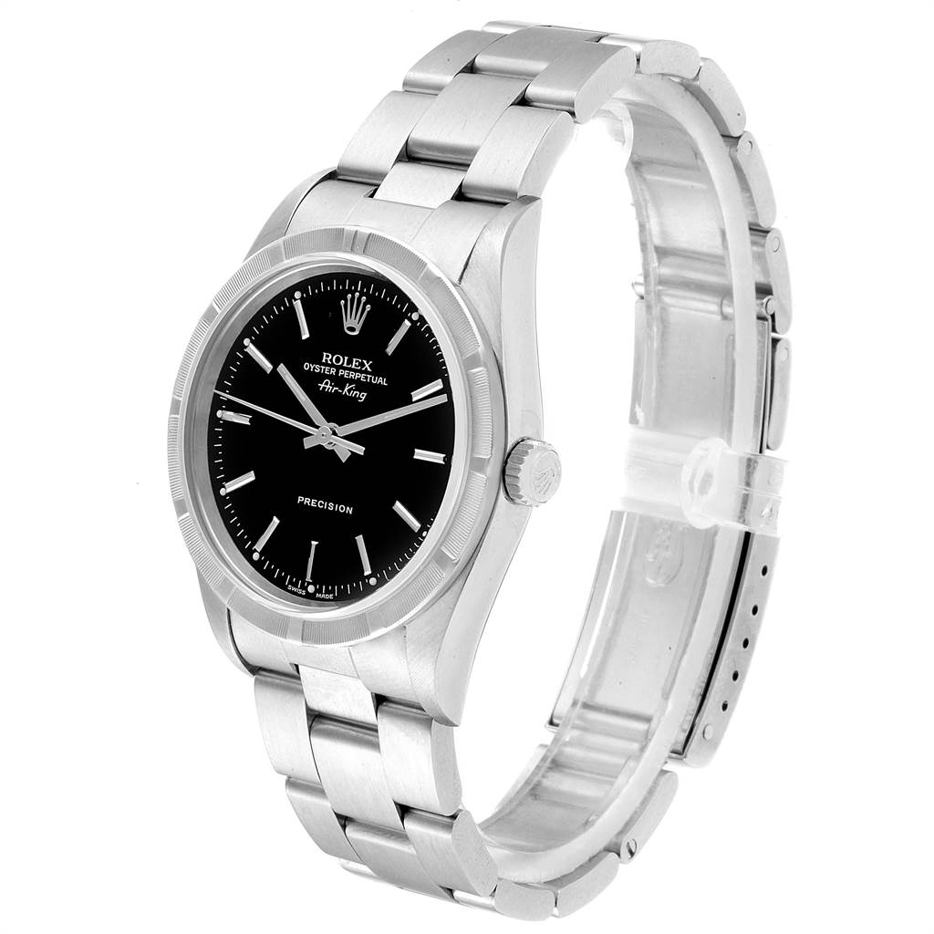 The Rolex Air-King 14010 Men's Stainless Steel Black Dial 14010 Men's Stainless Steel Black Dial watch is shown at a slight angle, highlighting the dial, bezel, case, bracelet, and clasp.