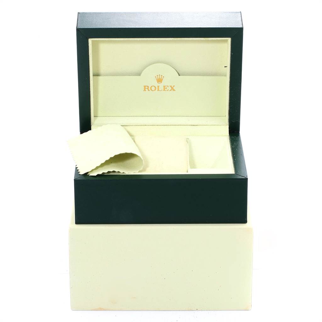 The image shows the open box and packaging for a Rolex Air-King 114210 Men's Stainless Steel Blue Dial 114210 Men's Stainless Steel Blue Dial, including compartments and a cleaning cloth.