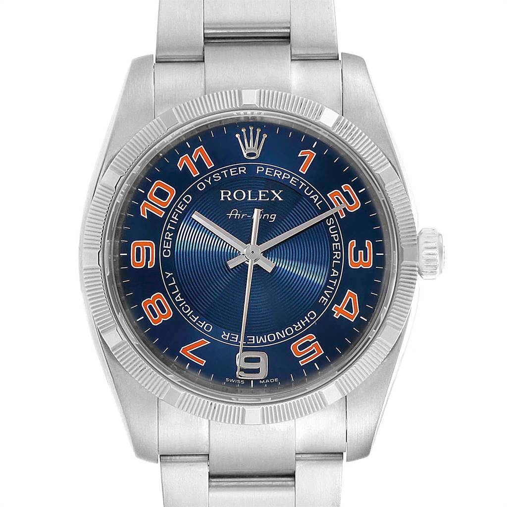 The Rolex Air-King 114210 Men's Stainless Steel Blue Dial 114210 Men's Stainless Steel Blue Dial watch is shown from a front angle, displaying the face, bezel, and partial bracelet.