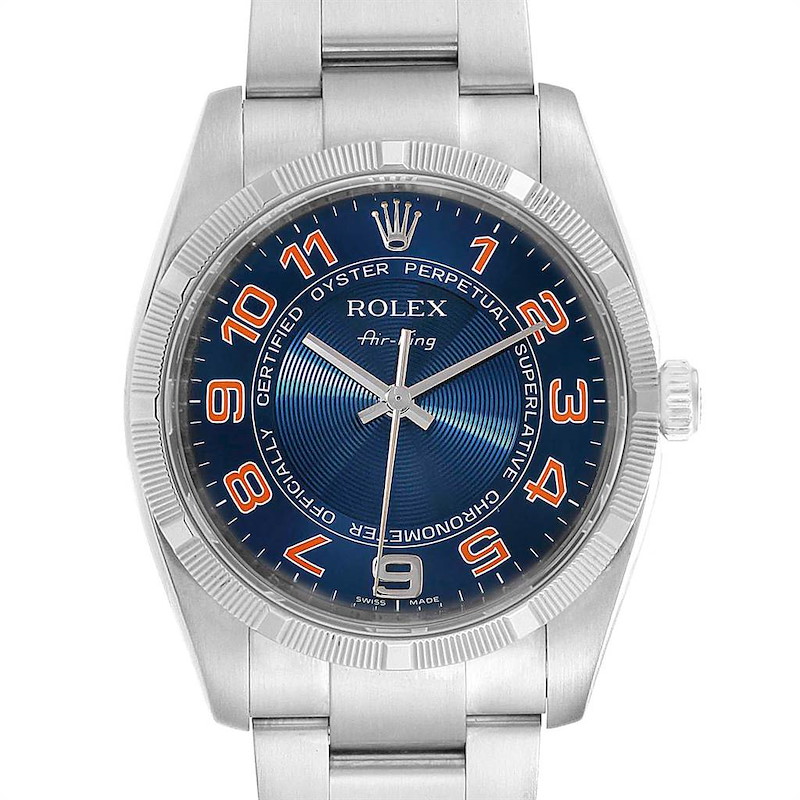 Rolex Air King Gators Blue Concentric Dial Steel Mens Watch 114210 SwissWatchExpo