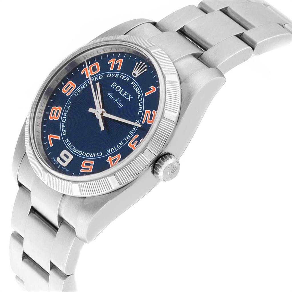The image shows a Rolex Air-King 114210 Men's Stainless Steel Blue Dial 114210 Men's Stainless Steel Blue Dial watch angled slightly from above, highlighting its face, bezel, and stainless steel bracelet.