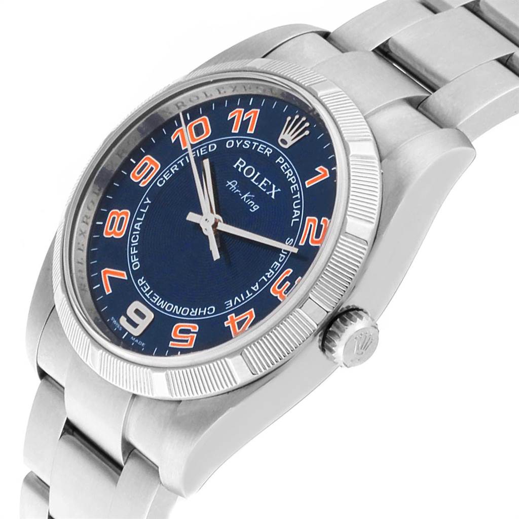 The image shows a Rolex Air-King 114210 Men's Stainless Steel Blue Dial 114210 Men's Stainless Steel Blue Dial watch at a slight angle, highlighting the face, bezel, crown, and part of the bracelet.