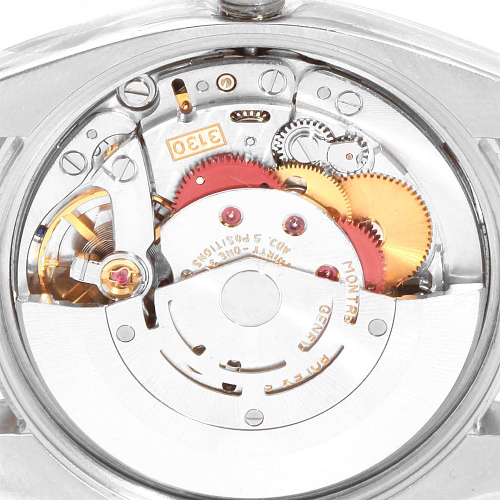 The image shows the open back view of the Rolex Air-King 114210 Men's Stainless Steel Blue Dial 114210 Men's Stainless Steel Blue Dial watch, revealing its intricate internal movement.