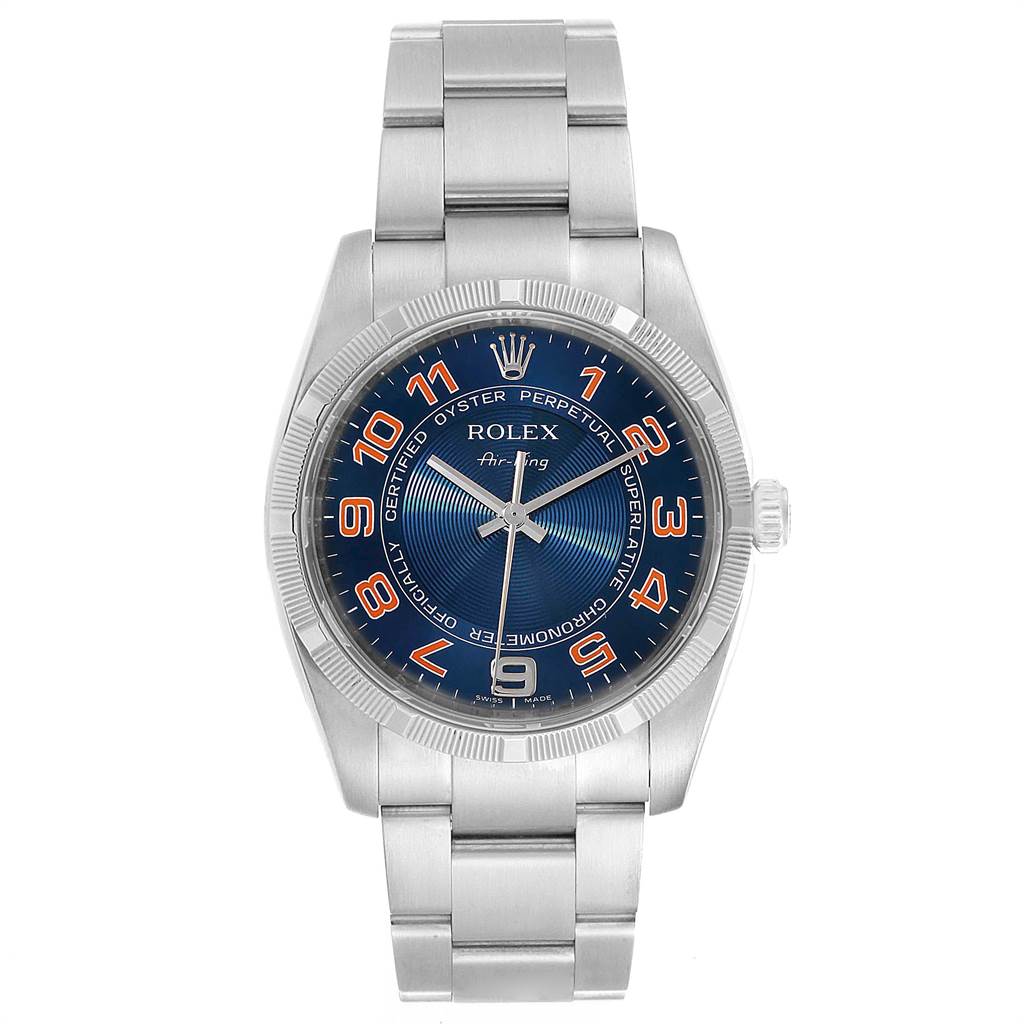 This image shows a front view of a Rolex Air-King 114210 Men's Stainless Steel Blue Dial 114210 Men's Stainless Steel Blue Dial watch, highlighting its dial, bezel, and bracelet.