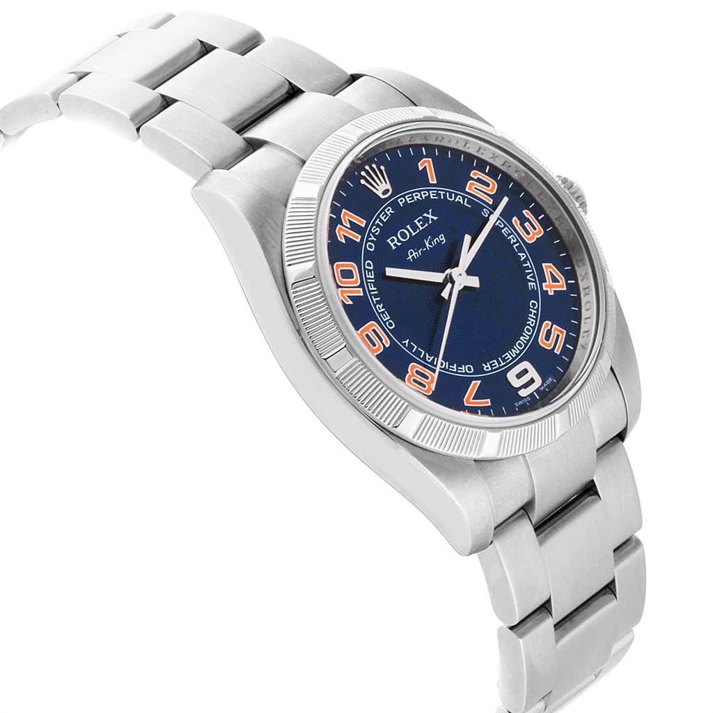 This image shows the Rolex Air-King 114210 Men's Stainless Steel Blue Dial 114210 Men's Stainless Steel Blue Dial watch from a tilted side angle, highlighting the bezel, dial, and bracelet.