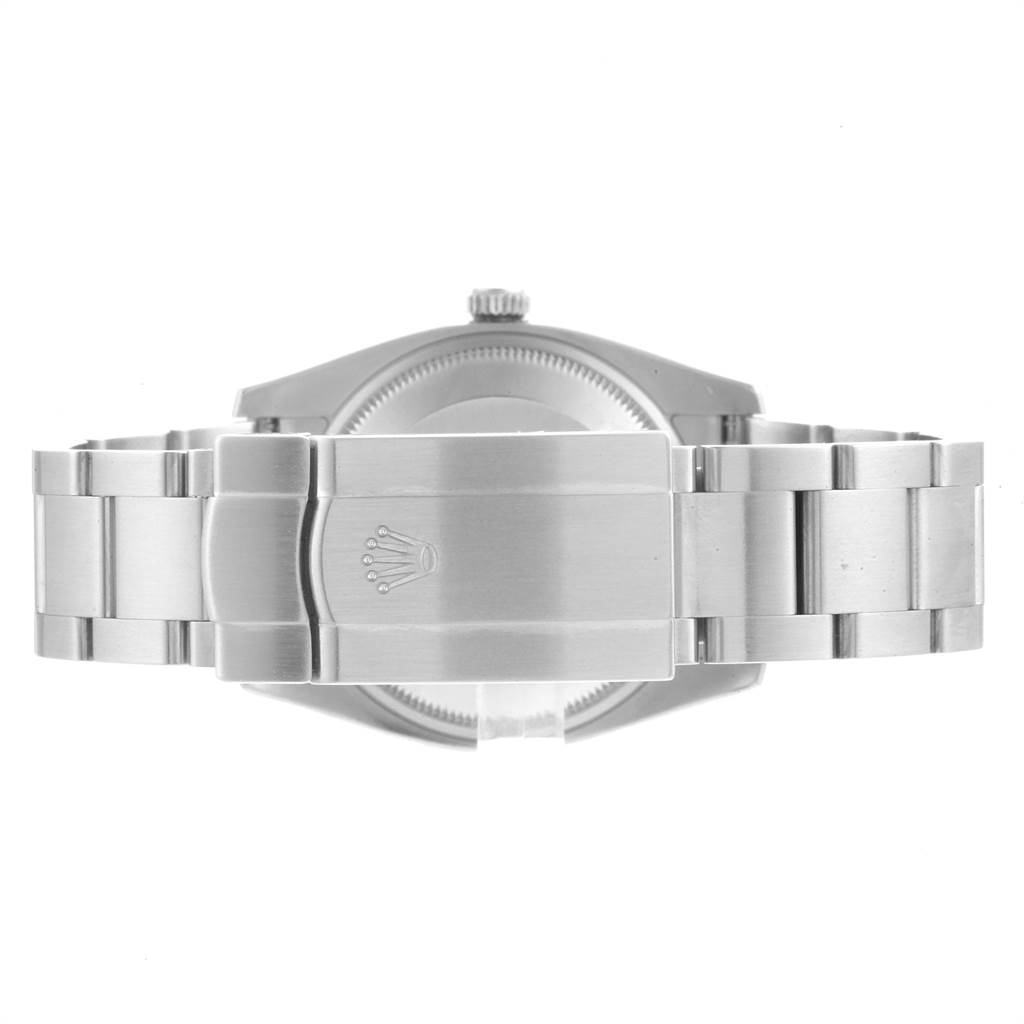 The image shows the clasp and bracelet of a Rolex Air-King 114210 Men's Stainless Steel Blue Dial 114210 Men's Stainless Steel Blue Dial watch, viewed from the back.