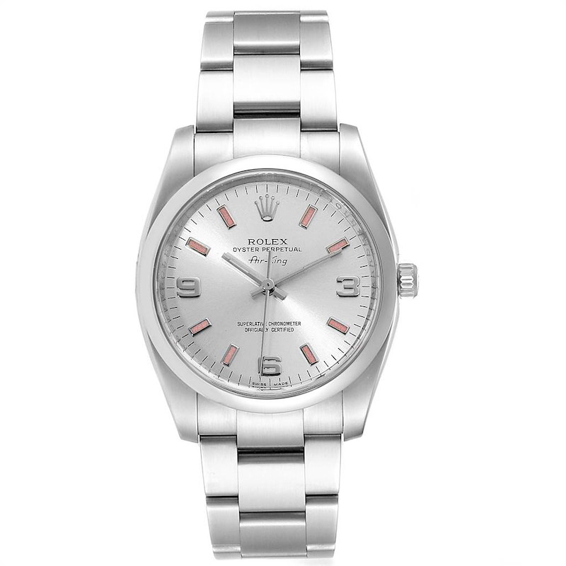 Rolex Air King Silver Dial Pink Baton Markers Unisex Watch 114200 SwissWatchExpo