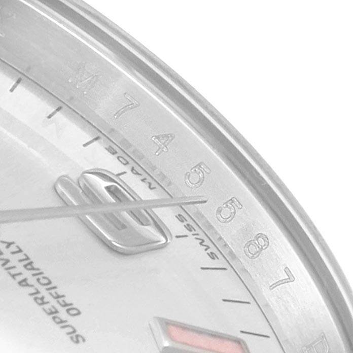 This image shows a partial close-up of the dial and markers of the Rolex 114200 Stainless Steel Silver Dial 114200 Stainless Steel Silver Dial Air King Silver Dial Pink Baton Markers Unisex Watch 114200 model.