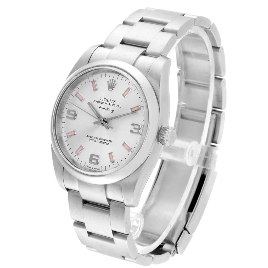 The Rolex 114200 Stainless Steel Silver Dial 114200 Stainless Steel Silver Dial Air King 114200 model is shown at a tilted angle, highlighting the bezel, dial, markers, and bracelet.