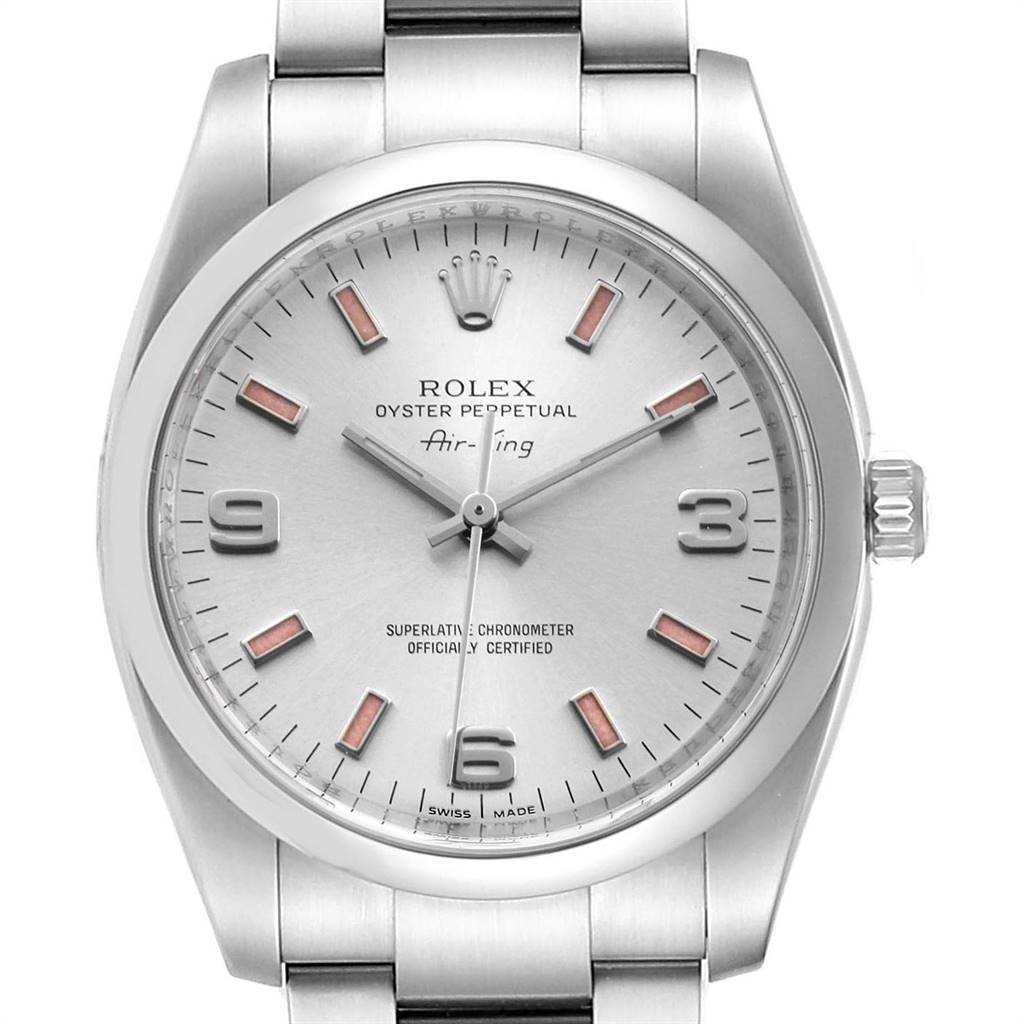 This image shows the face and part of the band of the Rolex 114200 Stainless Steel Silver Dial 114200 Stainless Steel Silver Dial Air King 114200 Silver Dial Unisex Watch with pink luminous markers.