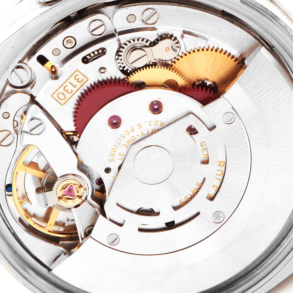 This image shows the movement mechanism of the Rolex 114200 Stainless Steel Silver Dial 114200 Stainless Steel Silver Dial Air King 114200 Unisex Watch, viewed from the back.