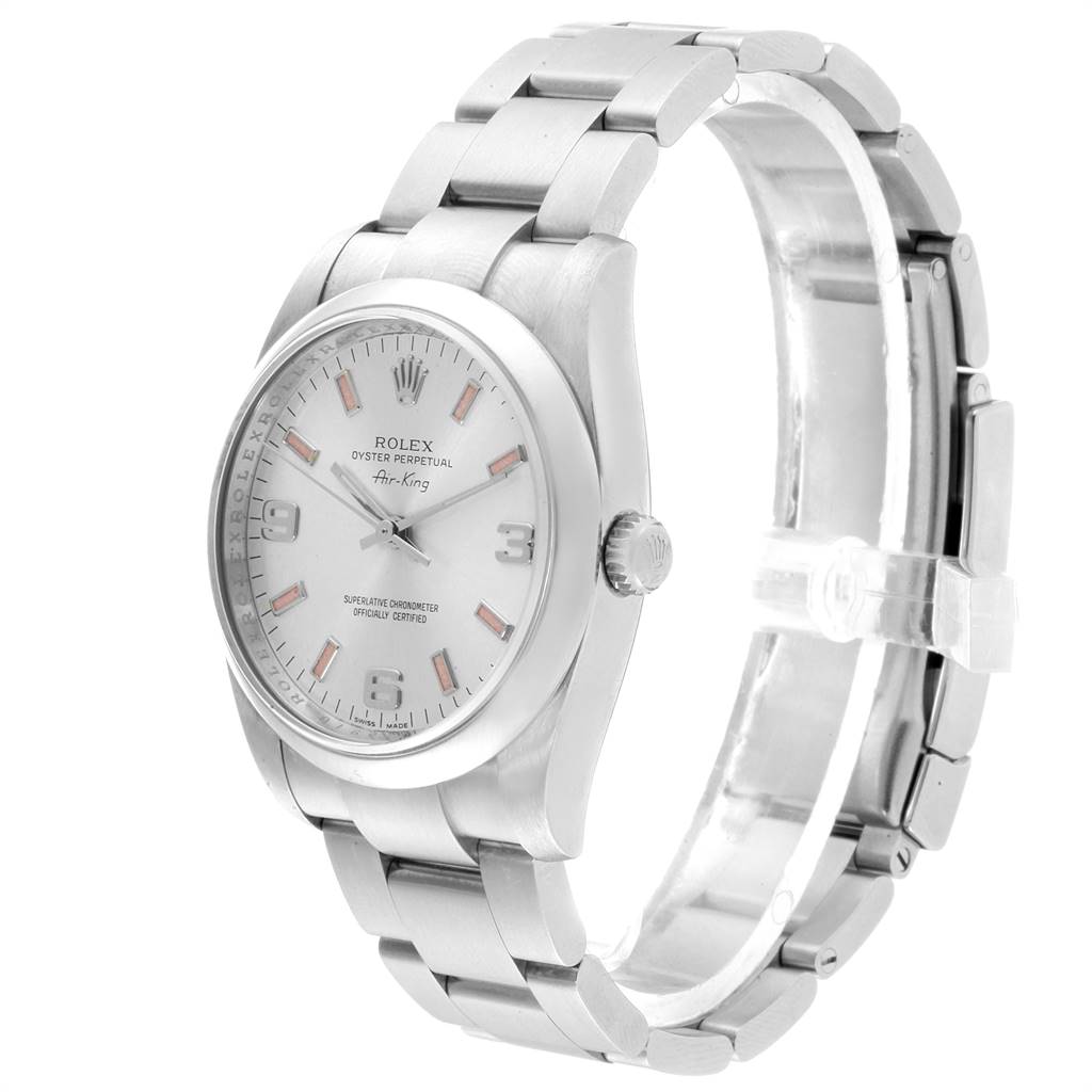 The Rolex 114200 Stainless Steel Silver Dial 114200 Stainless Steel Silver Dial Air King 114200 Silver Dial Pink Luminous Markers Unisex Watch is shown from a slightly tilted side angle, featuring the dial, case, bracelet, and crown.