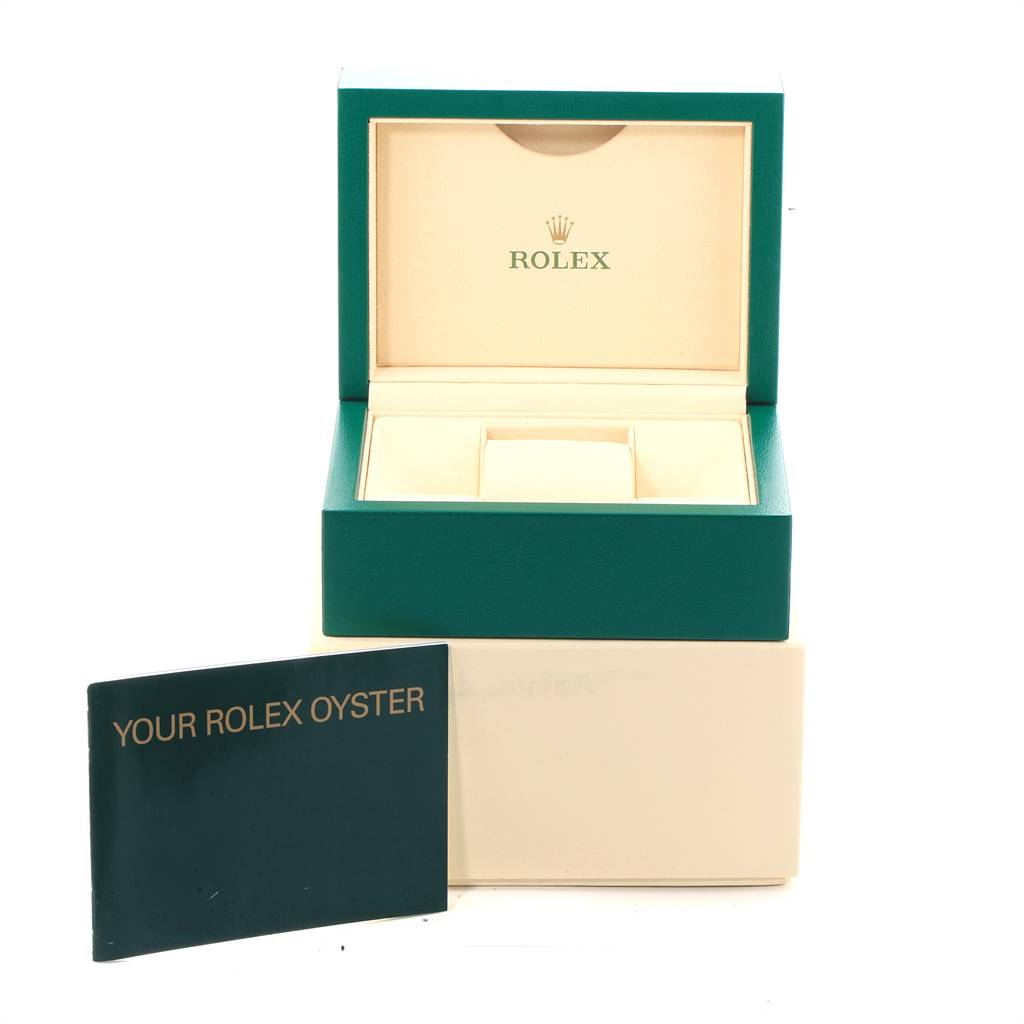 This image shows the Rolex 114200 Stainless Steel Silver Dial 114200 Stainless Steel Silver Dial packaging for the Air King Silver Dial Pink Luminous Markers Unisex Watch 114200 model, including the box and booklet.