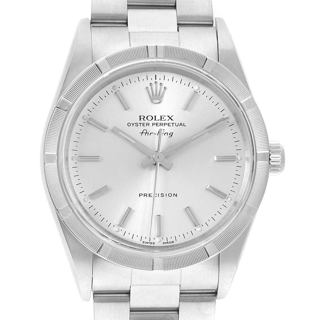 The image shows a front view of the dial and part of the bracelet of a Rolex Air-King 14010 Men's Stainless Steel Silver Dial 14010 Men's Stainless Steel Silver Dial watch.