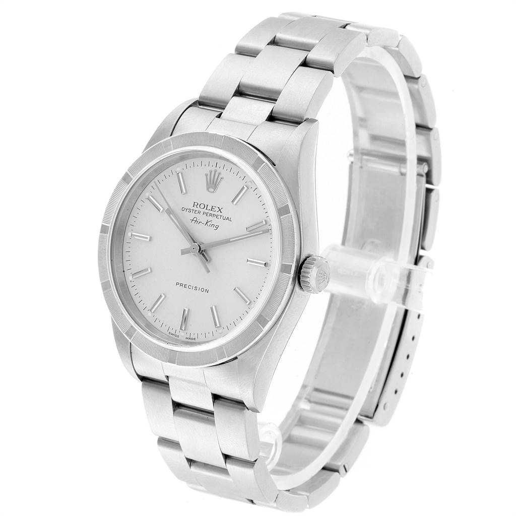 The image shows a side angle of a Rolex Air-King 14010 Men's Stainless Steel Silver Dial 14010 Men's Stainless Steel Silver Dial watch, highlighting the face, crown, and stainless steel bracelet.