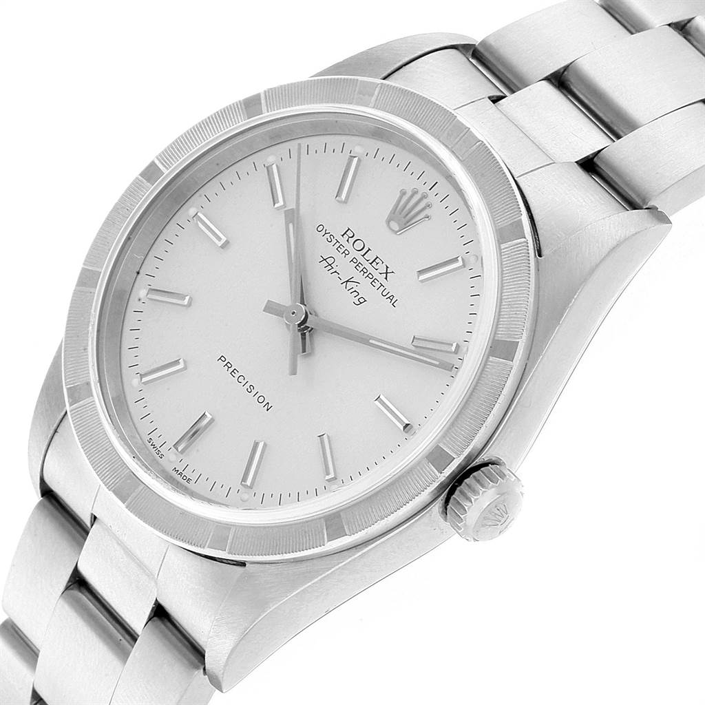 The image shows a close-up angle of a Rolex Air-King 14010 Men's Stainless Steel Silver Dial 14010 Men's Stainless Steel Silver Dial watch, highlighting its dial, crown, and part of the bracelet.
