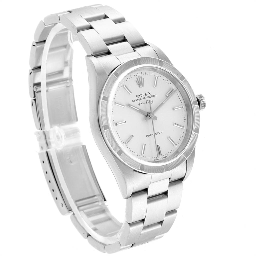 The image shows a Rolex Air-King 14010 Men's Stainless Steel Silver Dial 14010 Men's Stainless Steel Silver Dial watch at an angle, highlighting the bracelet, dial, and crown.
