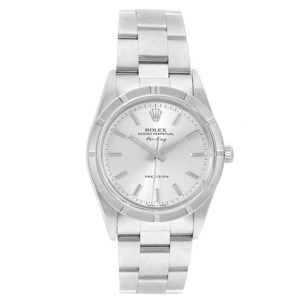 This image shows a front view of a Rolex Air-King 14010 Men's Stainless Steel Silver Dial 14010 Men's Stainless Steel Silver Dial watch, highlighting its face, bezel, and bracelet.