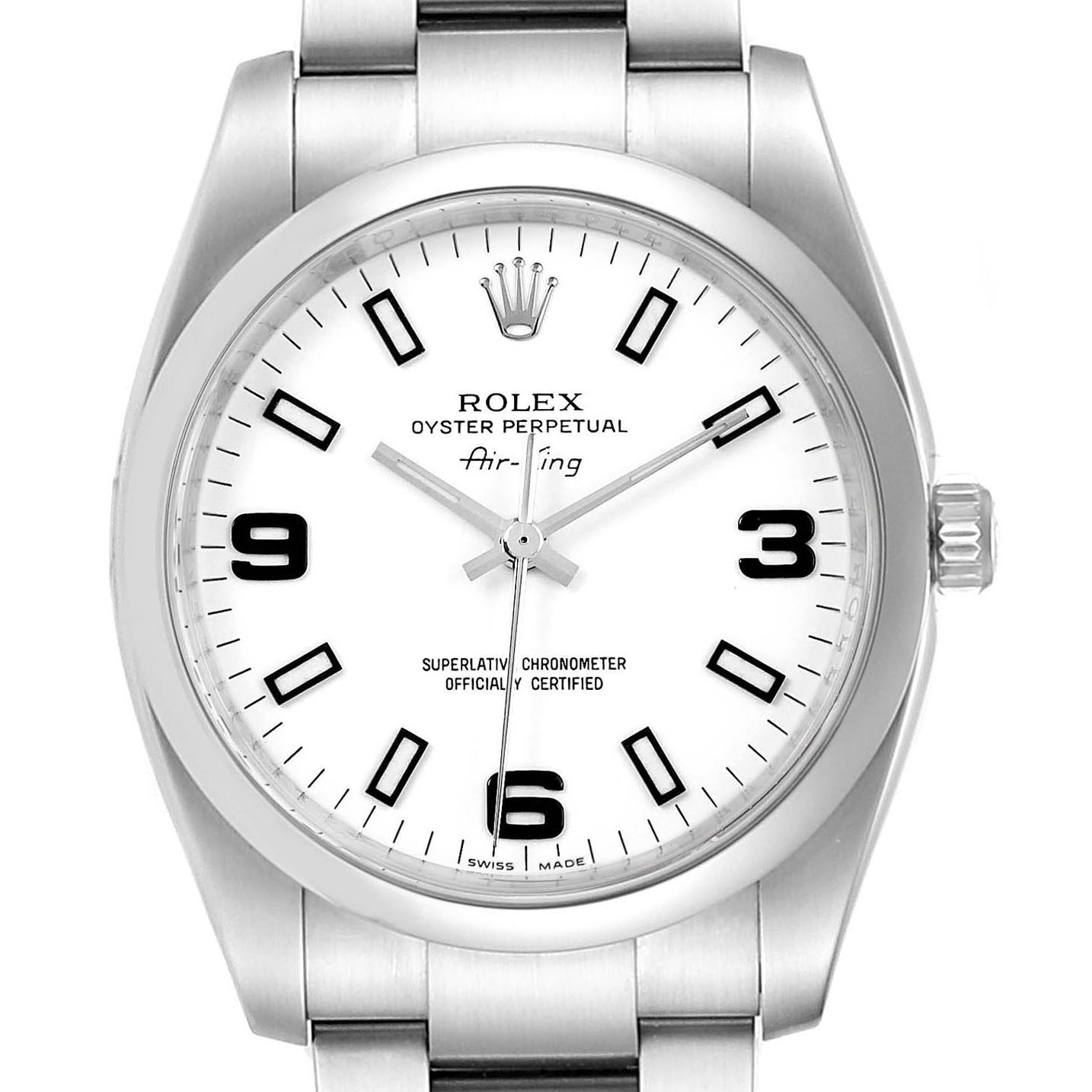 This Rolex Air-King 114200 Men's Stainless Steel White Dial 114200 Men's Stainless Steel White Dial watch is shown from the front, displaying its dial, hands, crown, and part of the bracelet.