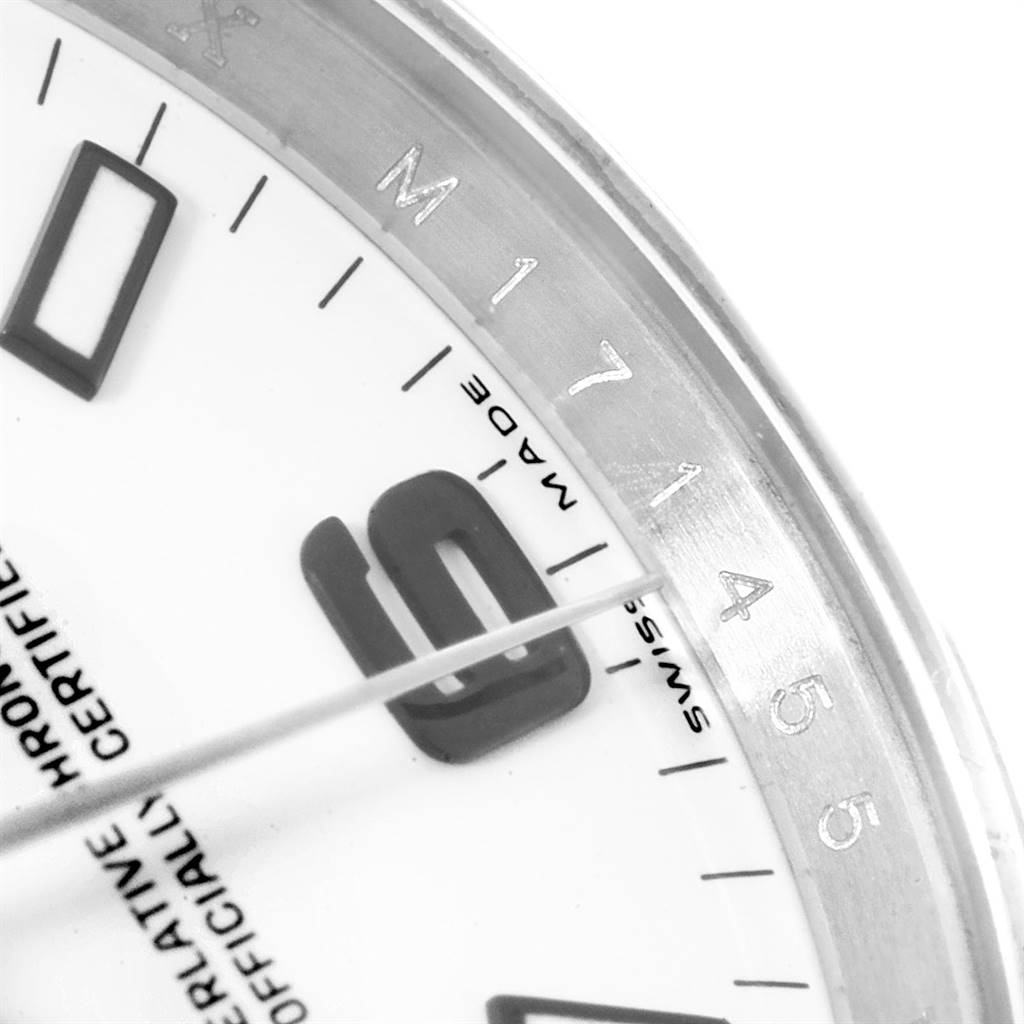 This image shows a close-up of the dial and bezel of a Rolex Air-King 114200 Men's Stainless Steel White Dial 114200 Men's Stainless Steel White Dial watch, highlighting the numerals and part of the second hand.