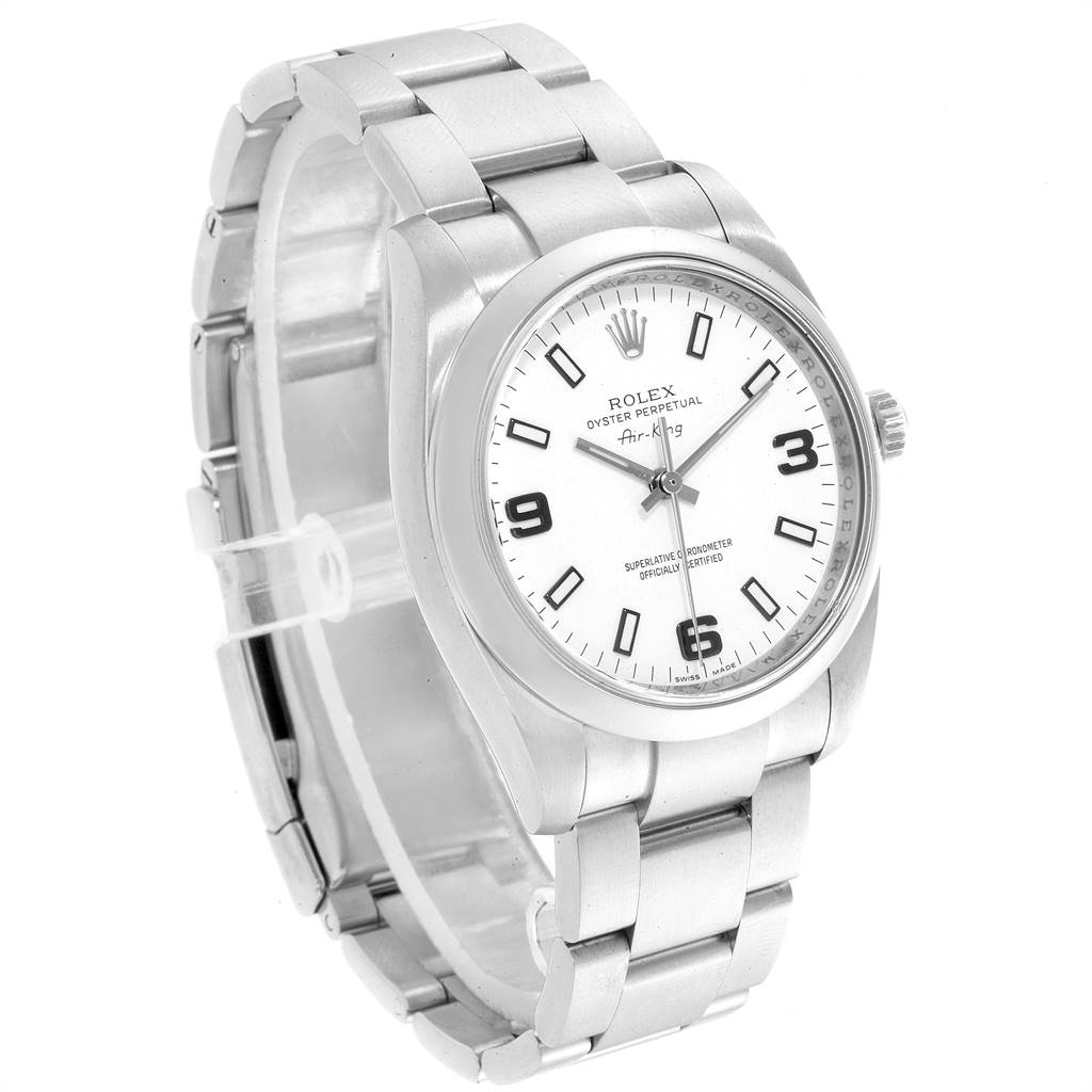 This image features a Rolex Air-King 114200 Men's Stainless Steel White Dial 114200 Men's Stainless Steel White Dial watch shown at an angle displaying its face, bezel, and bracelet.