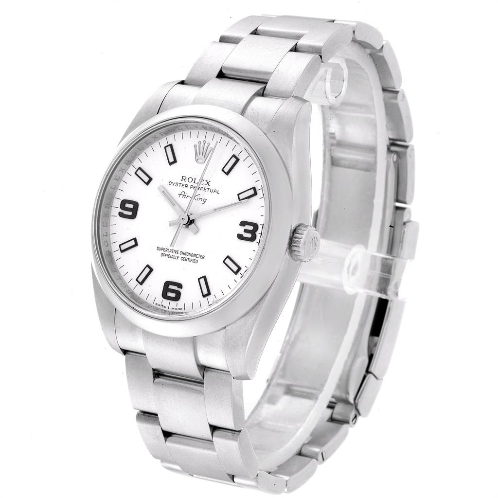 The image shows a Rolex Air-King 114200 Men's Stainless Steel White Dial 114200 Men's Stainless Steel White Dial watch from a slight angled perspective, showcasing the face, bezel, and bracelet.