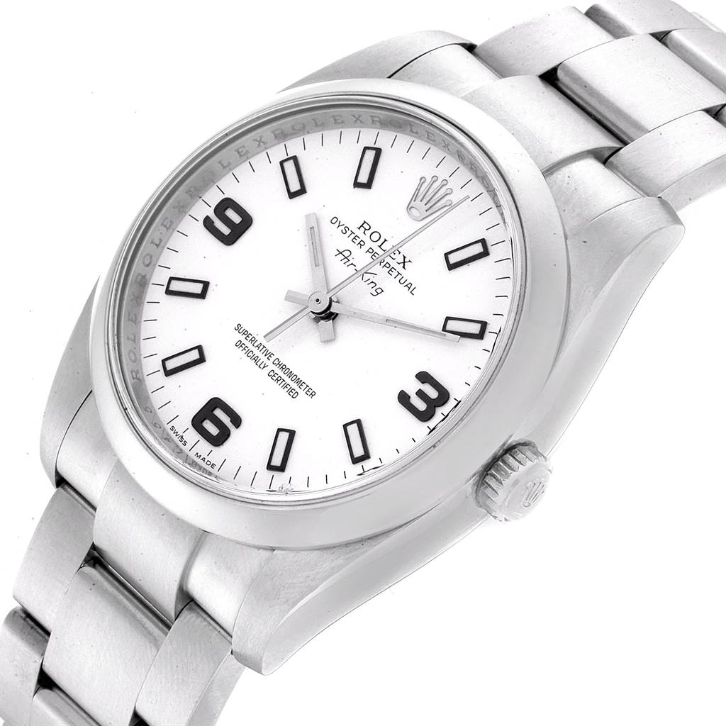 The image shows a top angle view of a Rolex Air-King 114200 Men's Stainless Steel White Dial 114200 Men's Stainless Steel White Dial watch, highlighting the dial, casing, and part of the bracelet.