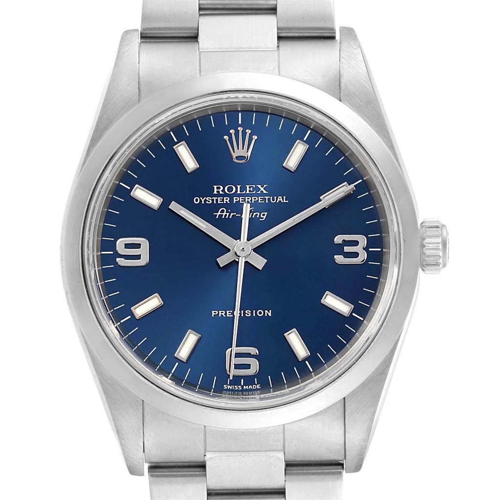The image shows a front view of the Rolex Air-King 14000 Men's Stainless Steel Blue Dial 14000 Men's Stainless Steel Blue Dial watch, featuring its blue dial, silver hour markers, and stainless steel bracelet.