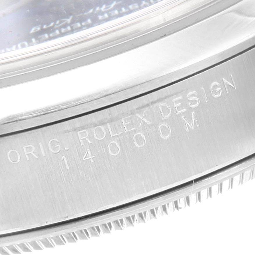 This image shows a close-up of the bezel and engraved model number of the Rolex Air-King 14000 Men's Stainless Steel Blue Dial 14000 Men's Stainless Steel Blue Dial watch.