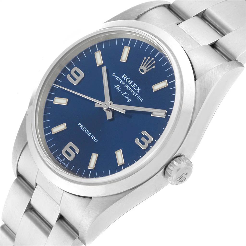 The image shows a Rolex Air-King 14000 Men's Stainless Steel Blue Dial 14000 Men's Stainless Steel Blue Dial watch from an angled side view, highlighting the watch face, crown, and part of the bracelet.